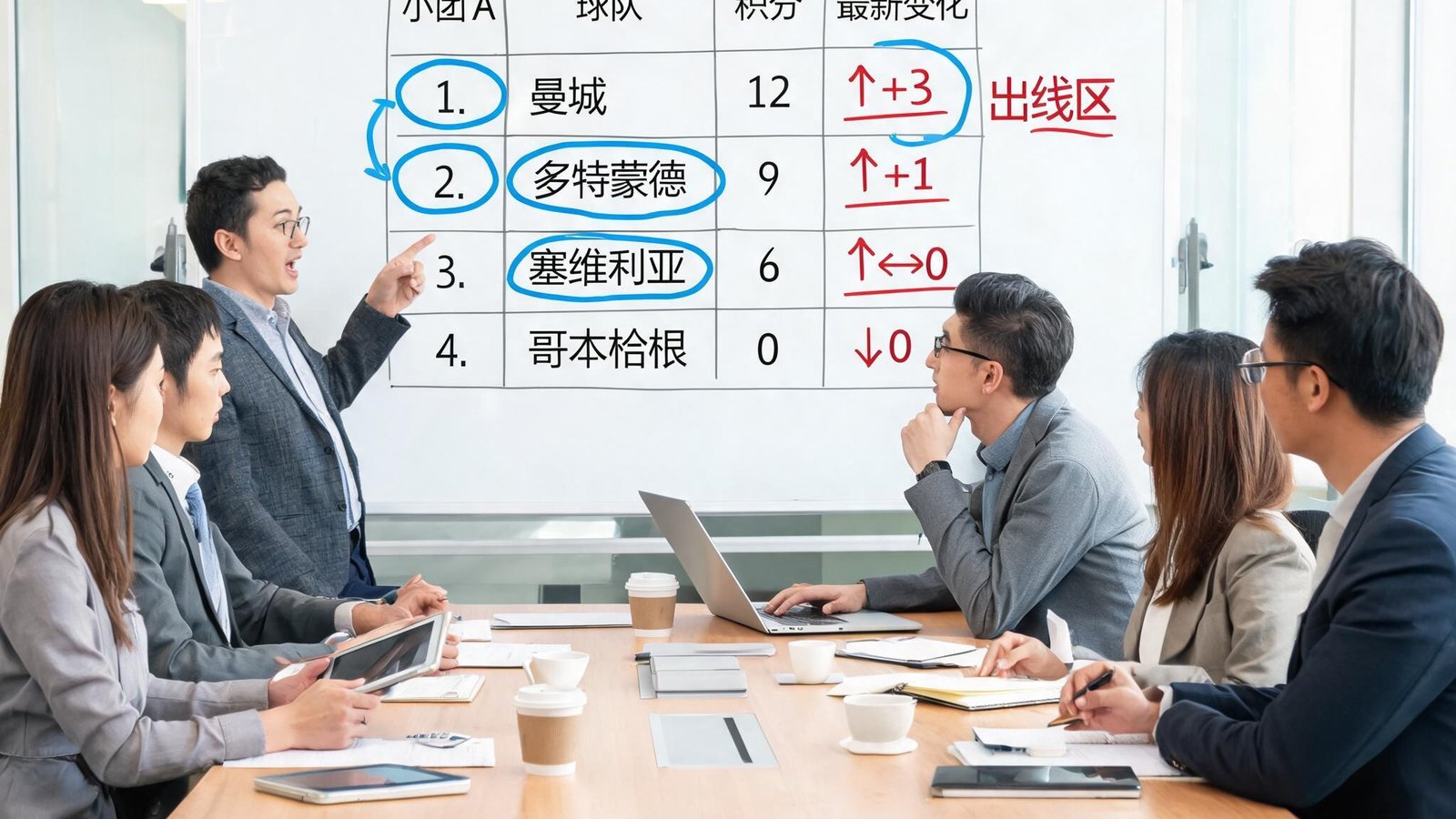 我们的数据分析团队成员围坐在会议桌前，白板上画着欧冠小组赛出线形势分析图，大家正在热烈讨论最新积分变化